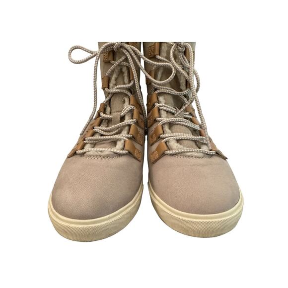 Timberland Gray Suede Dausette Cream Fleece Fold Down Boots Booties 6 cabincore - Picture 8 of 14